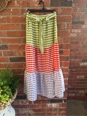 A Porter Collective Multi-Color Gingham Tiered Maxi Skirt - Green/Red/Lavender